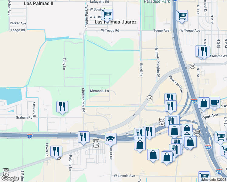 map of restaurants, bars, coffee shops, grocery stores, and more near 105 Park Lane East in Harlingen