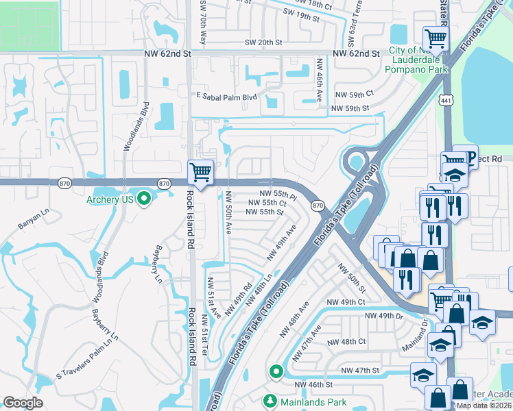 map of restaurants, bars, coffee shops, grocery stores, and more near 4933 Northwest 55th Court in Tamarac