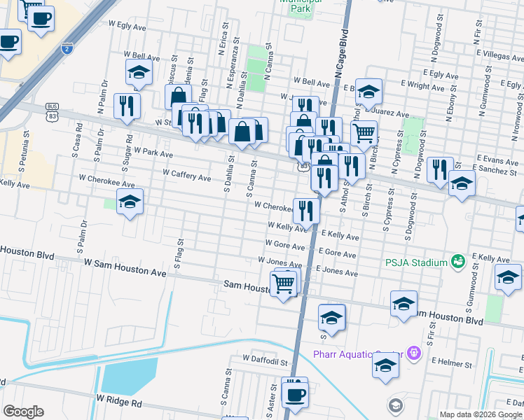map of restaurants, bars, coffee shops, grocery stores, and more near 339 West Cherokee Avenue in Pharr