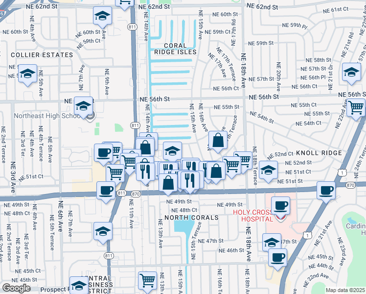 map of restaurants, bars, coffee shops, grocery stores, and more near 1465 Northeast 53rd Street in Fort Lauderdale