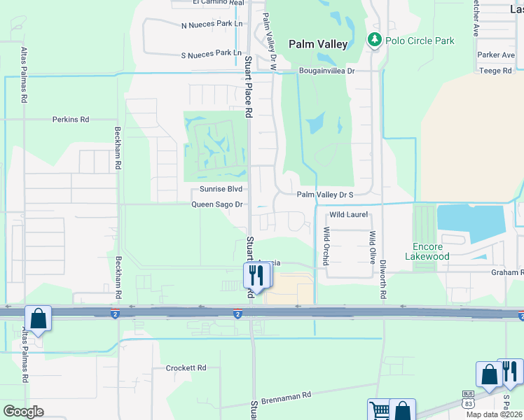 map of restaurants, bars, coffee shops, grocery stores, and more near 101 La Cana Circle in Harlingen
