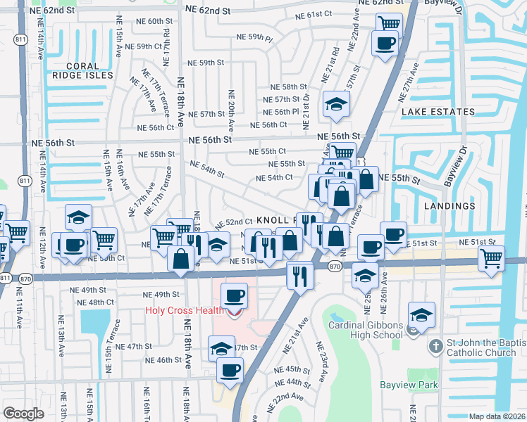 map of restaurants, bars, coffee shops, grocery stores, and more near 2141 Northeast 53rd Street in Fort Lauderdale