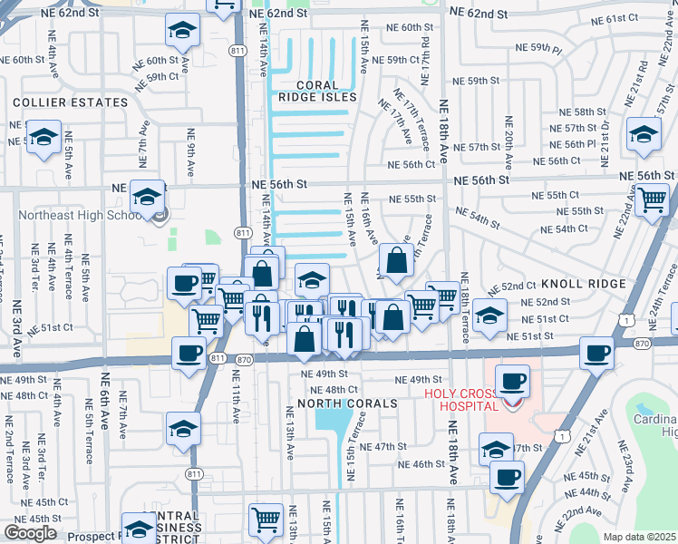 map of restaurants, bars, coffee shops, grocery stores, and more near 1465 Northeast 53rd Street in Fort Lauderdale