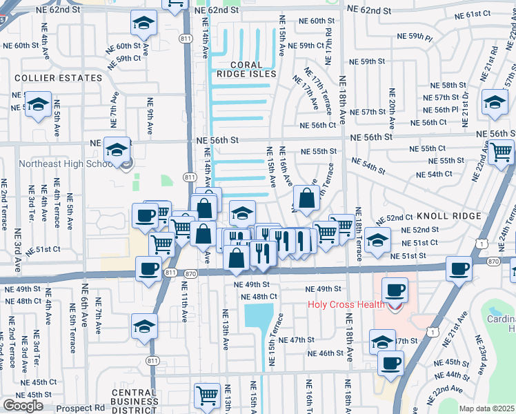 map of restaurants, bars, coffee shops, grocery stores, and more near 1465 Northeast 53rd Street in Fort Lauderdale