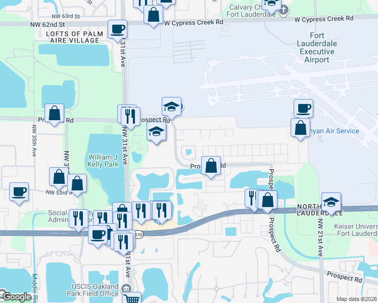 map of restaurants, bars, coffee shops, grocery stores, and more near 2851 Prospect Road in Tamarac