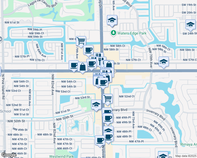 map of restaurants, bars, coffee shops, grocery stores, and more near 5611 N University Dr in Coral Springs