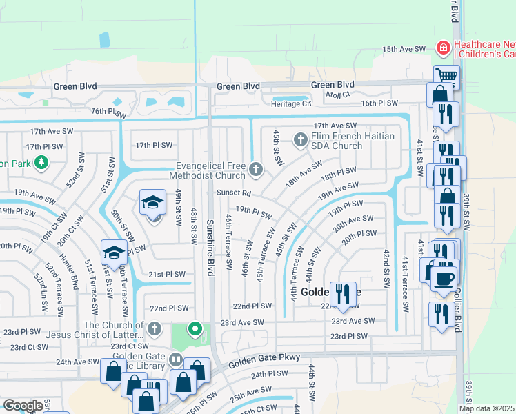 map of restaurants, bars, coffee shops, grocery stores, and more near 4608 Sunset Road in Naples