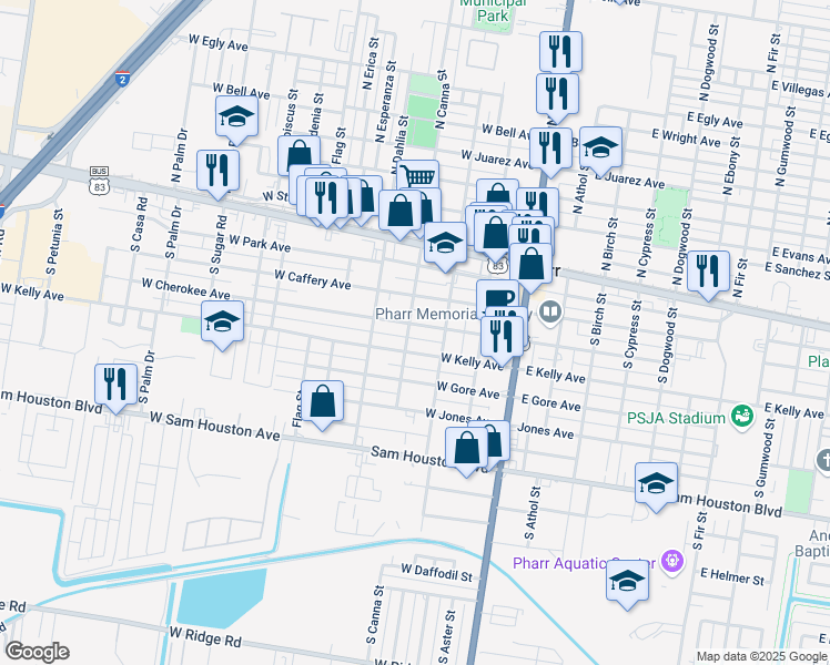 map of restaurants, bars, coffee shops, grocery stores, and more near 339 West Cherokee Avenue in Pharr
