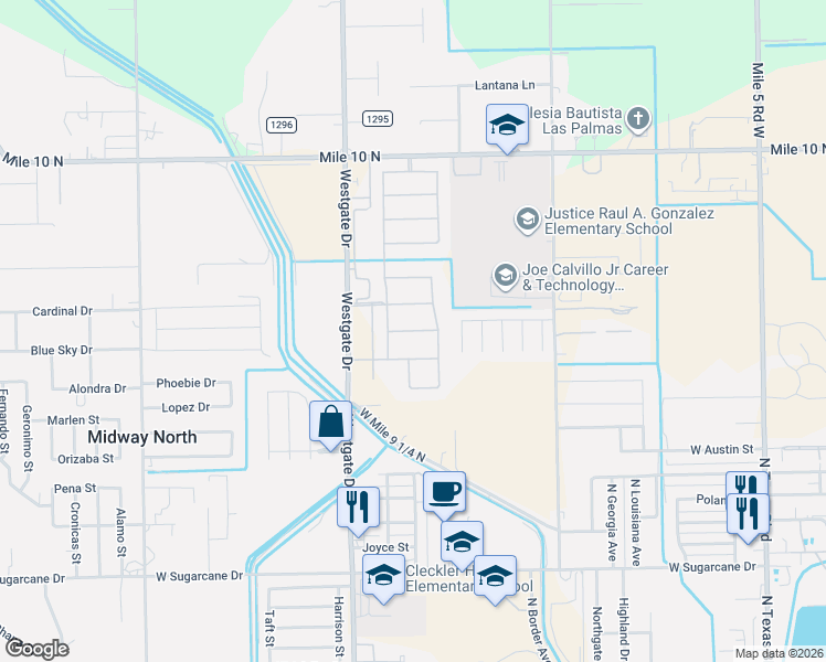 map of restaurants, bars, coffee shops, grocery stores, and more near 1502 Zinnia Drive in Weslaco
