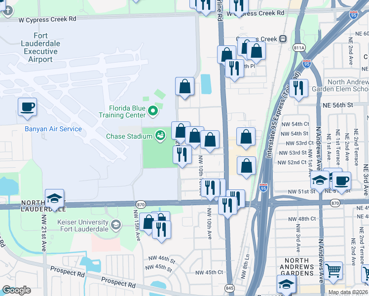 map of restaurants, bars, coffee shops, grocery stores, and more near 1120 Northwest 54th Street in Fort Lauderdale