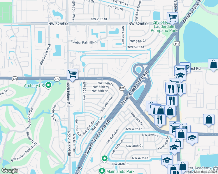 map of restaurants, bars, coffee shops, grocery stores, and more near 4917 Northwest 55th Court in Tamarac
