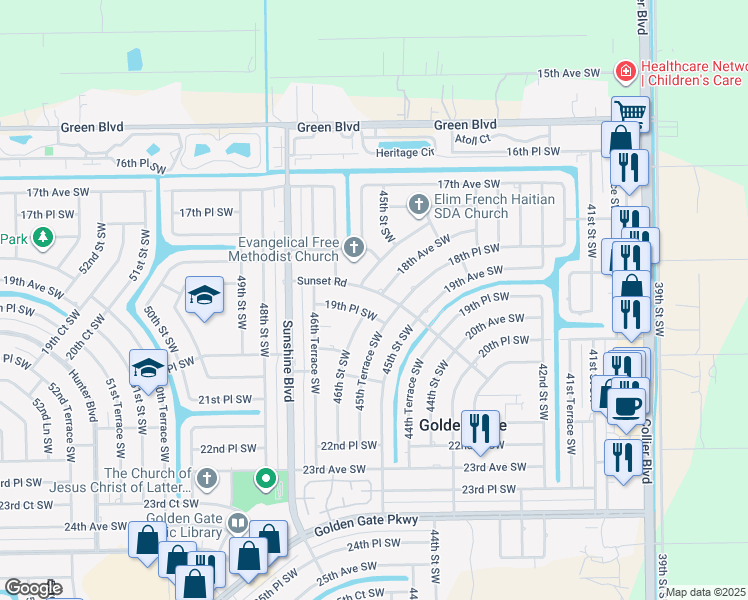 map of restaurants, bars, coffee shops, grocery stores, and more near 4608 Sunset Road in Naples