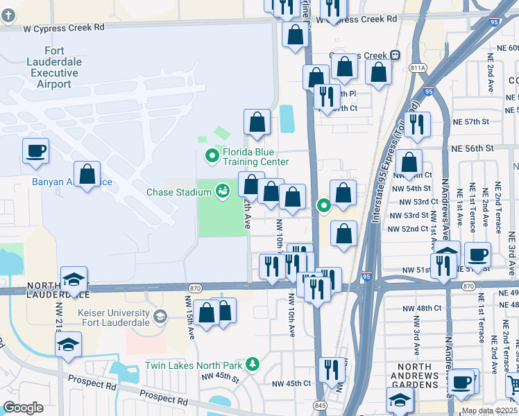 map of restaurants, bars, coffee shops, grocery stores, and more near 1120 Northwest 54th Street in Fort Lauderdale