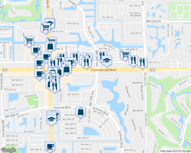 map of restaurants, bars, coffee shops, grocery stores, and more near 7225 Northwest 54th Court in Lauderhill
