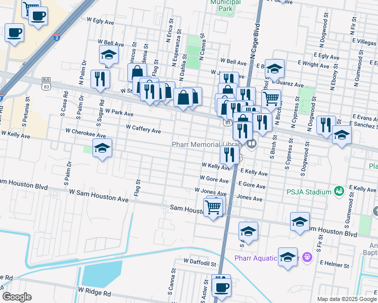 map of restaurants, bars, coffee shops, grocery stores, and more near 339 West Cherokee Avenue in Pharr
