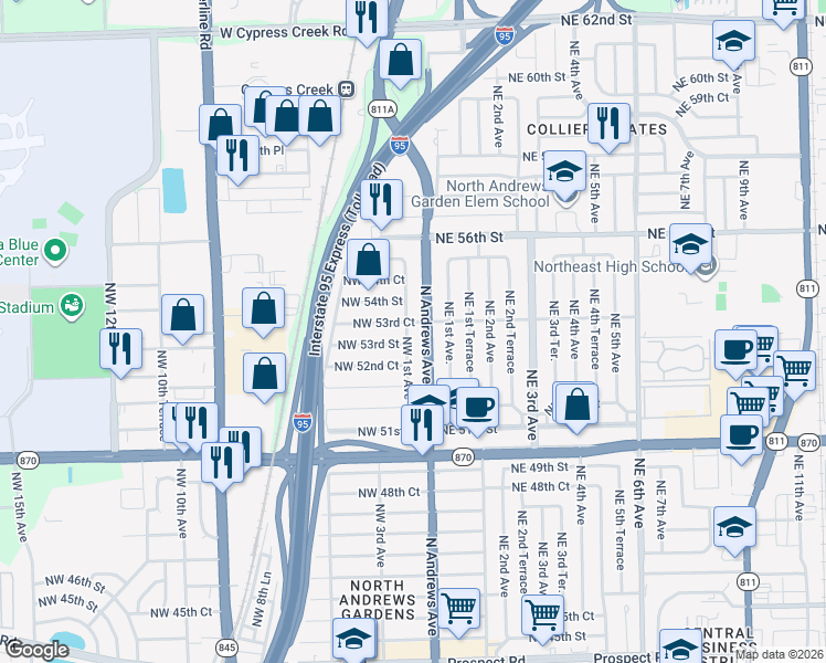 map of restaurants, bars, coffee shops, grocery stores, and more near 5324 Northwest 1st Avenue in Fort Lauderdale