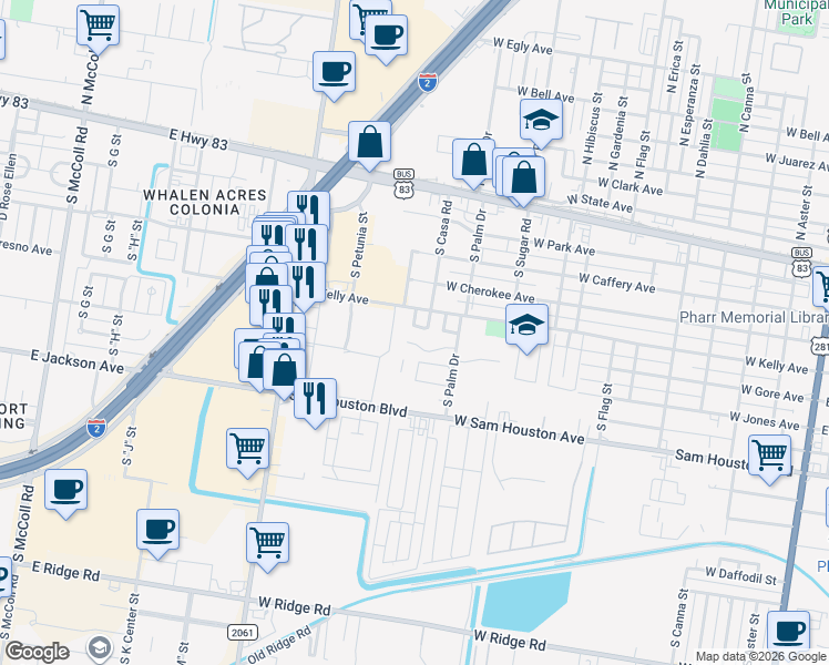 map of restaurants, bars, coffee shops, grocery stores, and more near 512 South Diplomat Drive in Pharr