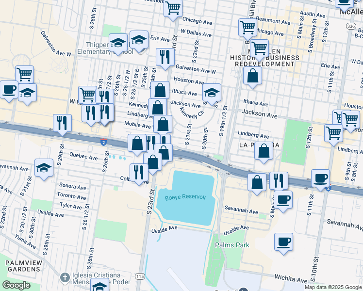 map of restaurants, bars, coffee shops, grocery stores, and more near 2112 Oakland Avenue in McAllen