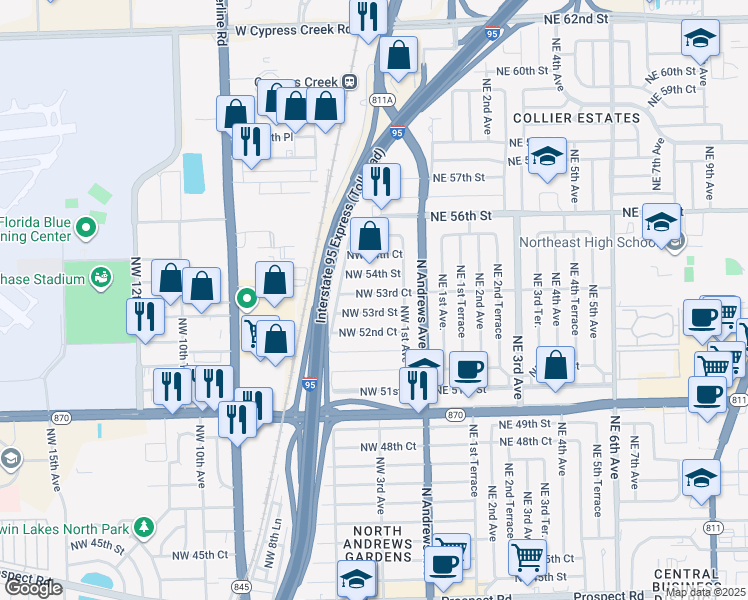 map of restaurants, bars, coffee shops, grocery stores, and more near 310 Northwest 53rd Court in Fort Lauderdale