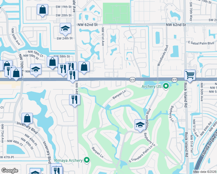 map of restaurants, bars, coffee shops, grocery stores, and more near 5505 Red Oak Circle in Tamarac