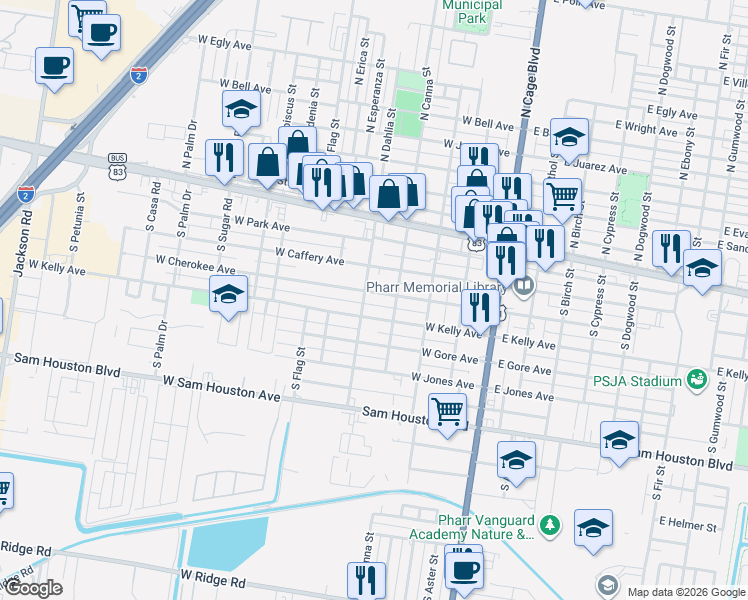 map of restaurants, bars, coffee shops, grocery stores, and more near 429 West Cherokee Avenue in Pharr