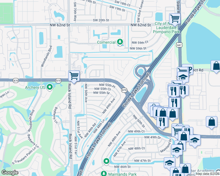 map of restaurants, bars, coffee shops, grocery stores, and more near 4917 Northwest 55th Court in Tamarac