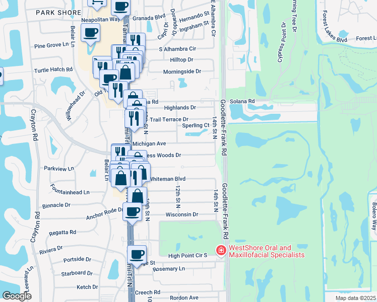 map of restaurants, bars, coffee shops, grocery stores, and more near 1251 Cypress Woods Dr in Naples