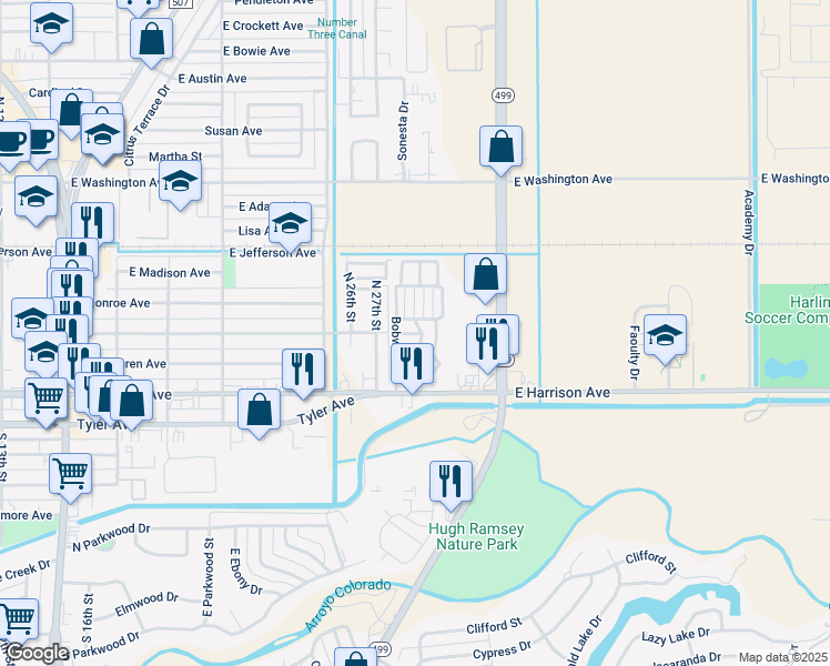 map of restaurants, bars, coffee shops, grocery stores, and more near 2801 East Harrison Avenue in Harlingen