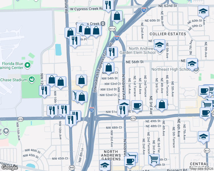 map of restaurants, bars, coffee shops, grocery stores, and more near 320 Northwest 53rd Court in Fort Lauderdale