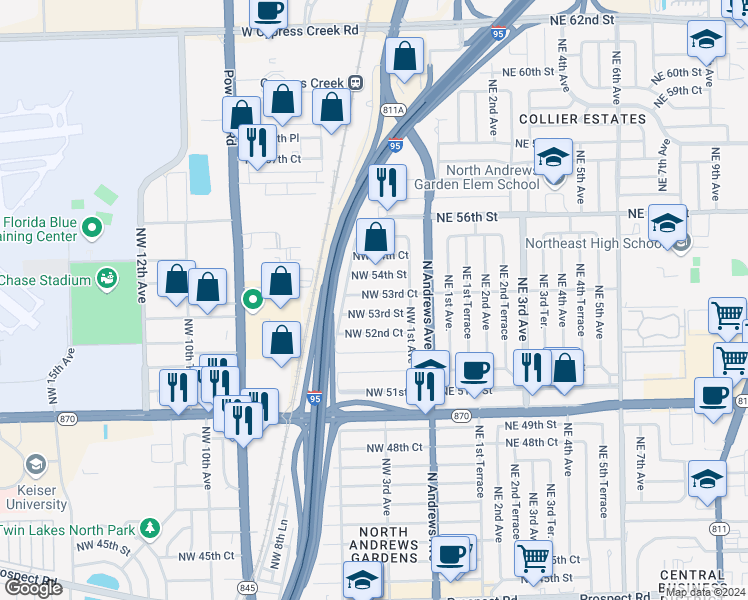 map of restaurants, bars, coffee shops, grocery stores, and more near 310 Northwest 53rd Court in Fort Lauderdale