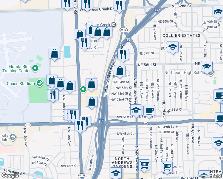 map of restaurants, bars, coffee shops, grocery stores, and more near 5324 Northwest 5th Avenue in Oakland Park