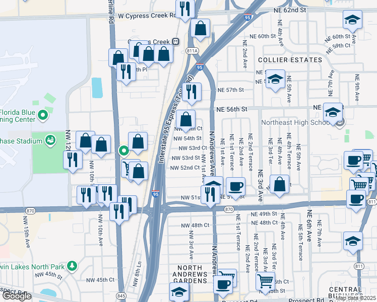 map of restaurants, bars, coffee shops, grocery stores, and more near 310 Northwest 53rd Court in Fort Lauderdale