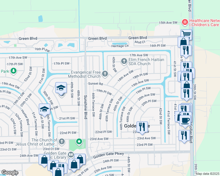 map of restaurants, bars, coffee shops, grocery stores, and more near 4608 Sunset Road in Naples