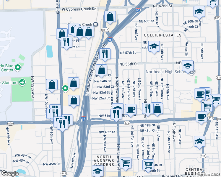 map of restaurants, bars, coffee shops, grocery stores, and more near 100 Northwest 53rd Court in Fort Lauderdale