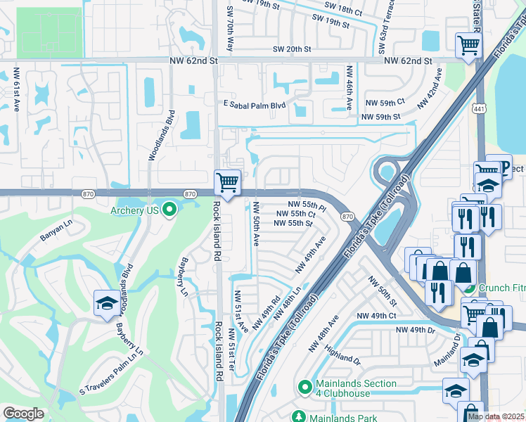 map of restaurants, bars, coffee shops, grocery stores, and more near 4951 Northwest 55th Court in Tamarac