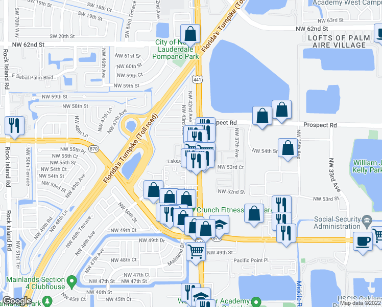 map of restaurants, bars, coffee shops, grocery stores, and more near 5435 North State Road 7 in Tamarac