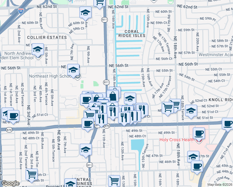map of restaurants, bars, coffee shops, grocery stores, and more near 1401 Northeast 53rd Street in Fort Lauderdale