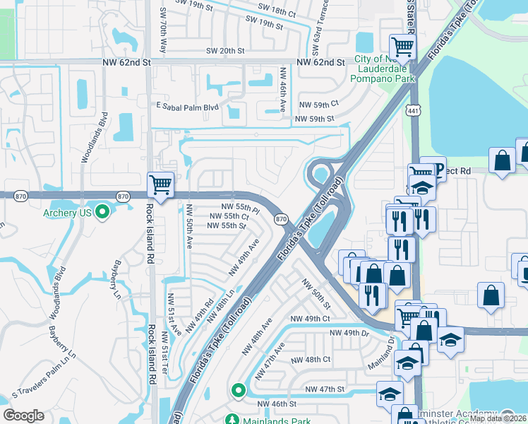 map of restaurants, bars, coffee shops, grocery stores, and more near 4861 Northwest 55th Place in Tamarac