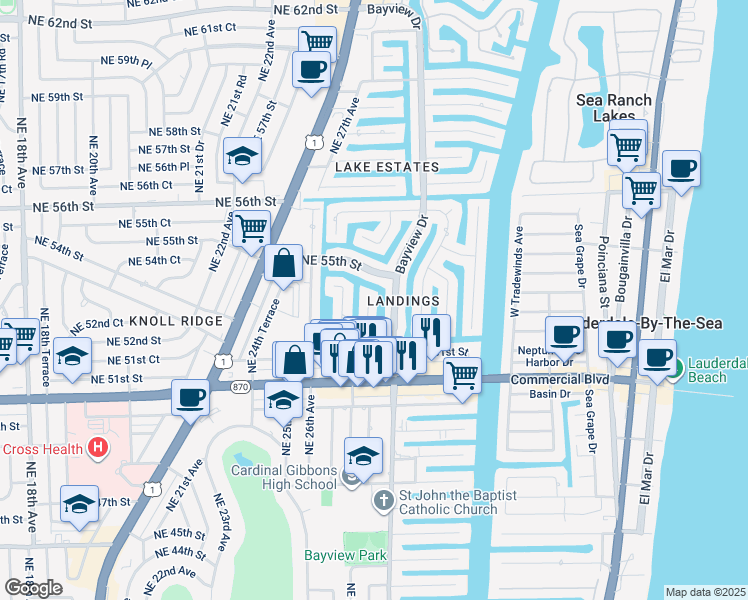 map of restaurants, bars, coffee shops, grocery stores, and more near 5250 Northeast 29th Avenue in Fort Lauderdale