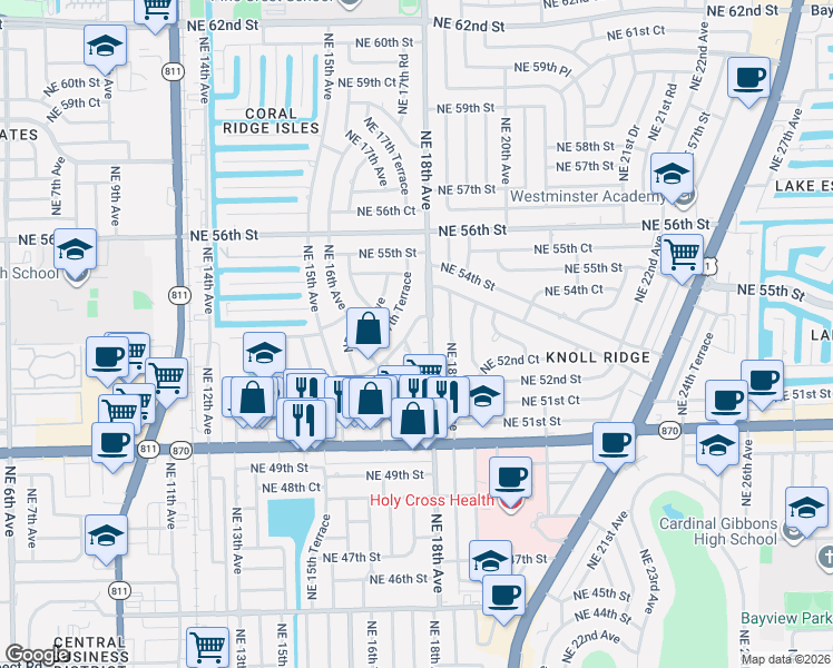 map of restaurants, bars, coffee shops, grocery stores, and more near 1741 Northeast 52nd Street in Oakland Park
