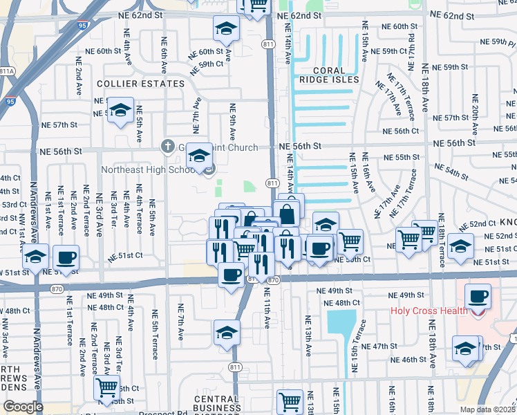 map of restaurants, bars, coffee shops, grocery stores, and more near 5301 North Dixie Highway in Oakland Park