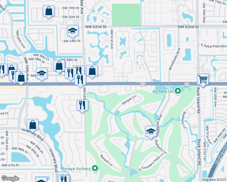 map of restaurants, bars, coffee shops, grocery stores, and more near 5505 Red Oak Circle in Tamarac