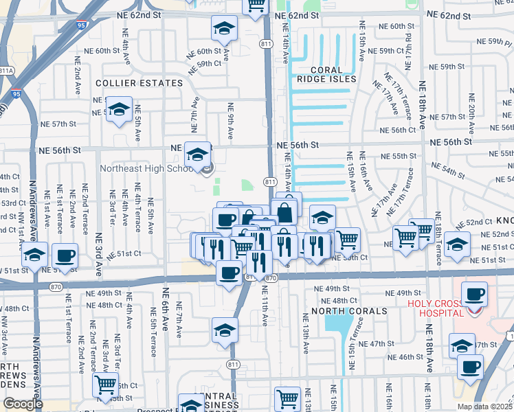 map of restaurants, bars, coffee shops, grocery stores, and more near 5301 North Dixie Highway in Oakland Park