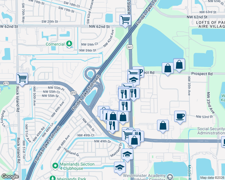 map of restaurants, bars, coffee shops, grocery stores, and more near 4019 Lakeside Drive in Tamarac