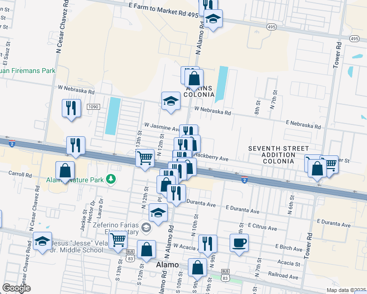 map of restaurants, bars, coffee shops, grocery stores, and more near 807 Farm to Market Road 907 in Alamo