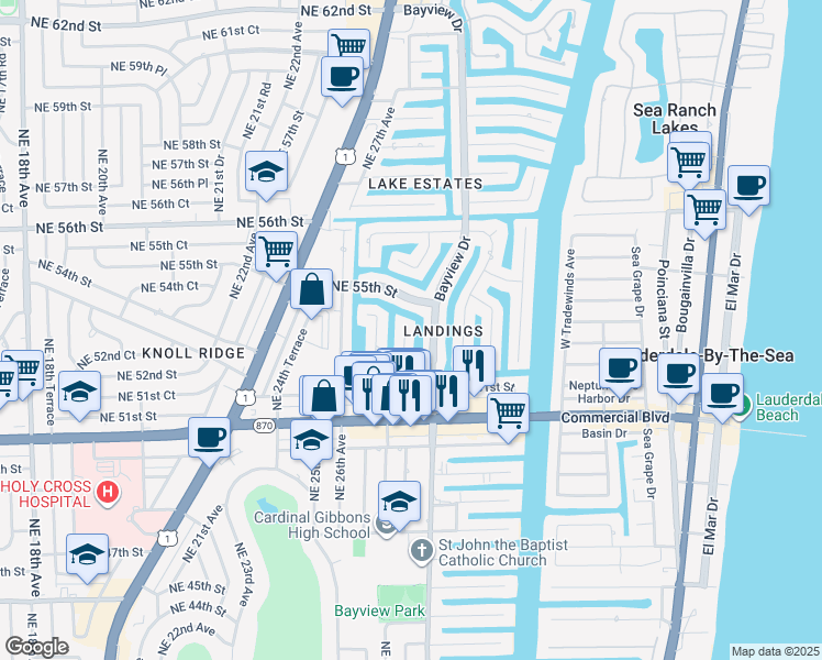 map of restaurants, bars, coffee shops, grocery stores, and more near 5250 Northeast 29th Avenue in Fort Lauderdale