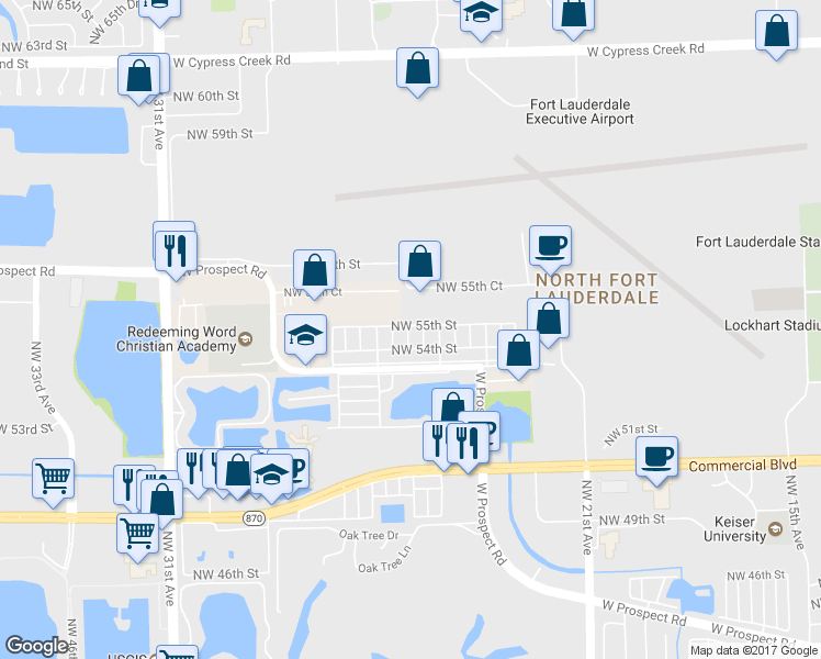 map of restaurants, bars, coffee shops, grocery stores, and more near 2610 Northwest 55th Street in Fort Lauderdale