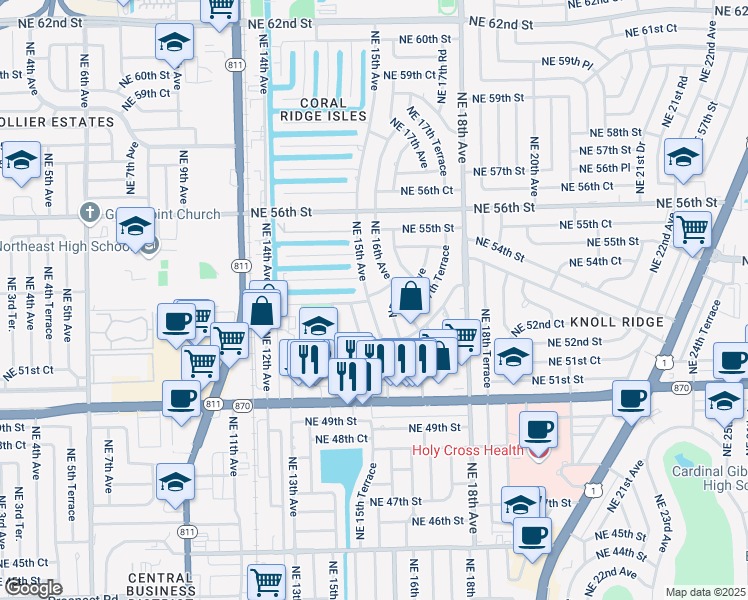 map of restaurants, bars, coffee shops, grocery stores, and more near 5260 Northeast 15th Avenue in Fort Lauderdale
