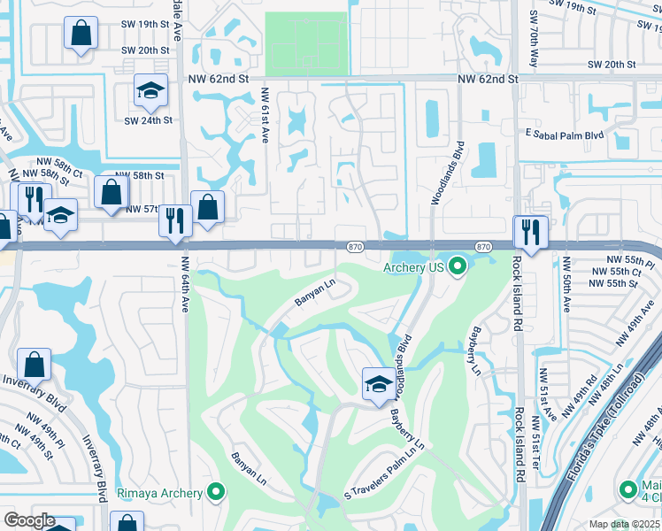 map of restaurants, bars, coffee shops, grocery stores, and more near 5505 Banyan Lane in Tamarac