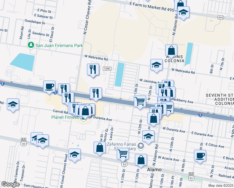 map of restaurants, bars, coffee shops, grocery stores, and more near 1320 U.S. 83 Frontage Road in Alamo